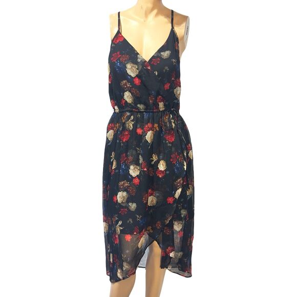Lucky Brand Dresses & Skirts - Lucky Brand Womens Midi Dress size M Black Dark Floral Chiffon Faux Wrap NWT